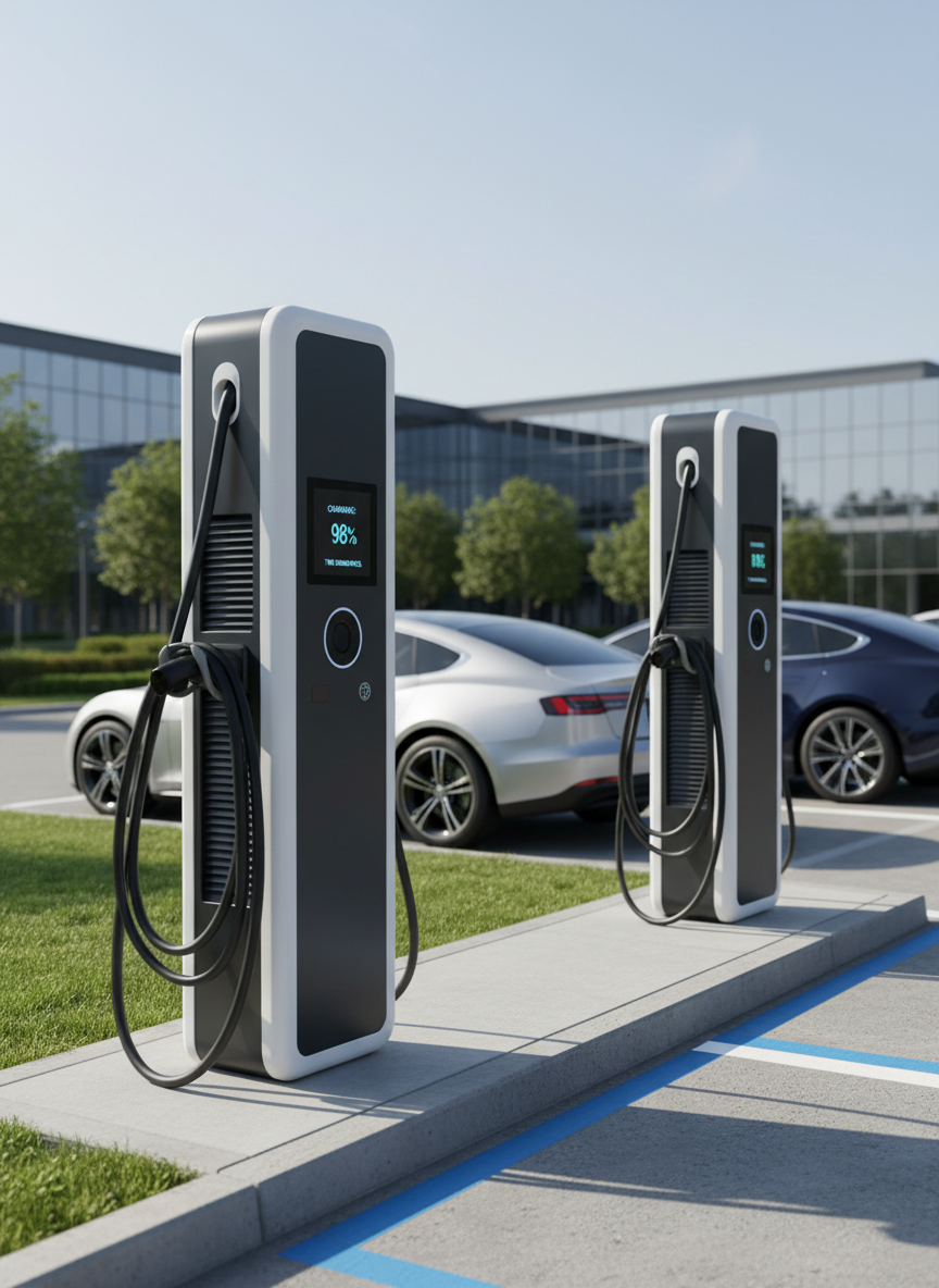 A precision-engineered electric vehicle charging station with two glossy white and dark charcoal fast-charging pillars, each featuring a bright, easy-to-read digital display and neatly coiled thick black charging cables. They stand on a smooth concrete pad with crisp painted markings, adjacent to two parked, generic modern electric cars shown only partially to avoid brand identification. The scene is set in a contemporary business park parking lot with trimmed greenery and minimalist architecture in the softly blurred background. Captured at a slightly elevated angle in clear, late-morning natural light, the image has a bright, optimistic atmosphere. Photographic realism and a clean, modern aesthetic reinforce the sense of advanced, dependable charging infrastructure.