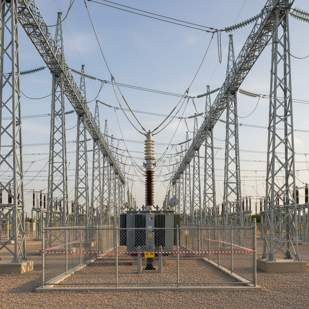 A high-voltage outdoor substation installation with tall steel lattice structures and multiple porcelain and composite insulators supporting thick power lines, all arranged in carefully aligned rows. A compact, modern transformer unit sits on a gravel bed within clearly marked safety boundaries, surrounded by a low, secure metal fence. Late afternoon natural light provides a neutral, slightly warm tone, casting long, soft shadows that accentuate the geometric forms of the equipment without feeling dramatic. Shot from a ground-level wide-angle perspective with sharp focus, the composition highlights both the complexity and order of the high-tension infrastructure. The photographic style is clean, realistic, and professional, reflecting advanced expertise in high-voltage installation and safety-conscious engineering.