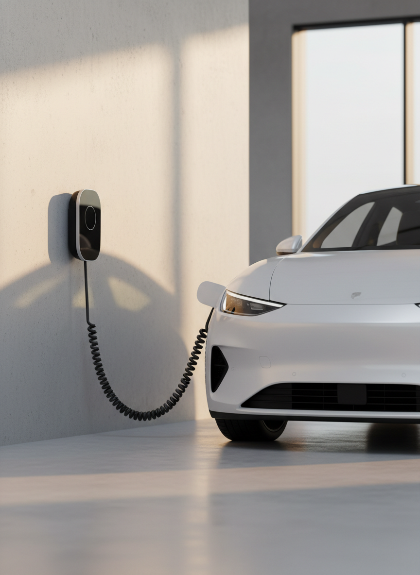 A pristine white electric vehicle parked beside a sleek black wallbox charging station mounted on a clean concrete wall, a thick, coiled charging cable neatly connected to the car’s port. The ground is a smooth, light gray industrial floor with subtle reflections. Soft late-afternoon sunlight enters from the side, creating a warm glow on the car’s glossy paint and gentle shadows around the charging unit. Photographic realism with a centered composition at eye level, the background slightly blurred to emphasize the charging system. The mood is modern, reliable, and eco-conscious, conveying advanced, professional charging solutions.
