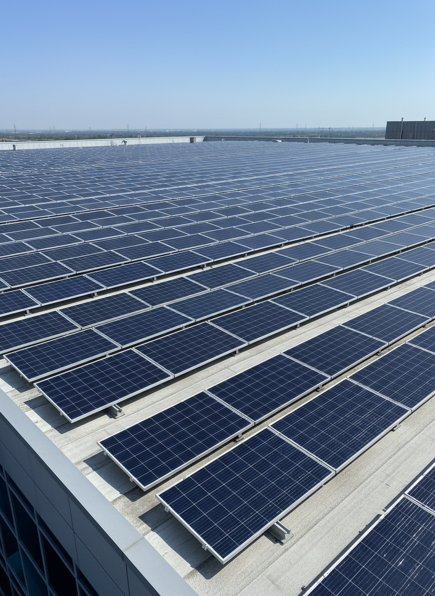 A modern industrial building rooftop fully covered with dark blue photovoltaic solar panels, each panel perfectly aligned in precise rows on a clean metal mounting structure. In the background, a clear blue sky reflects gently on the glass surfaces of the panels. The scene is captured in bright but slightly diffused midday sunlight, creating crisp reflections and subtle shadows between the rows. Photographic realism, shot from a slightly elevated angle with sharp focus throughout, emphasizing the scale and technical precision. The atmosphere feels professional, efficient, and high-tech, ideal to represent a serious solar energy installation company.