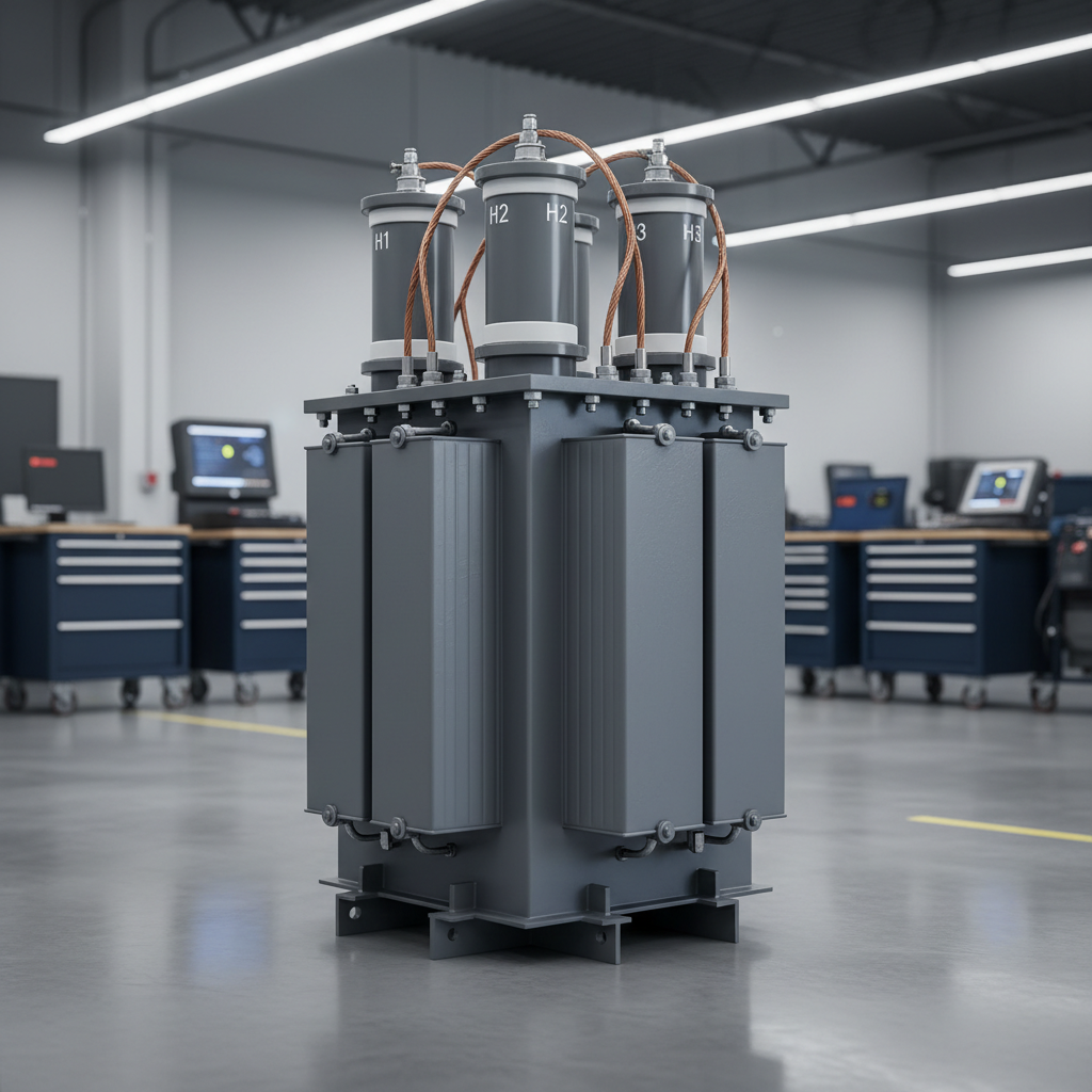 A robust, medium-sized electrical transformer with a matte gray metal housing, detailed cooling fins, and clearly labeled high-voltage terminals, placed in a spotless industrial workshop. The concrete floor is polished and lightly reflective, scattered with neatly organized tool cabinets and diagnostic equipment in the blurred background. Overhead LED lighting provides bright, even illumination, revealing every bolt, cable, and texture on the transformer casing. The photographic image is captured from a three-quarter angle at eye level, with sharp focus on the transformer and soft depth of field behind. The atmosphere is precise, technical, and highly professional, highlighting expertise in transformer fabrication.