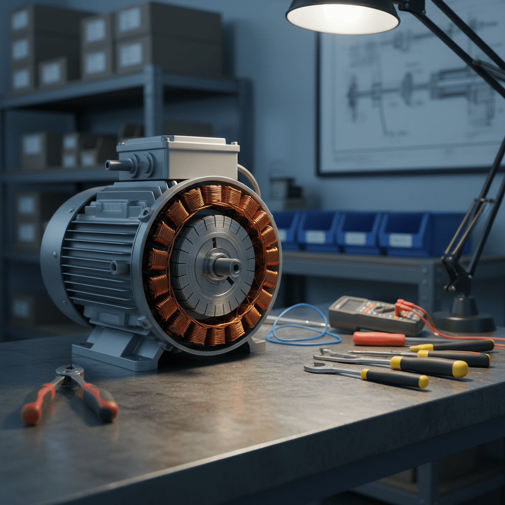 An open, industrial-grade electric motor placed on a sturdy metal workbench, its interior copper windings and rotor clearly visible with impeccable detail. Nearby, insulated tools and diagnostic instruments are neatly arranged, suggesting an in-progress repair. The workshop environment is clean and organized, with muted gray and blue tones. Cool, focused task lighting from an overhead lamp casts defined highlights on the polished metal components and creates gentle shadows across the bench. Photographic realism, shot from a close-up, slightly angled perspective with shallow depth of field, emphasizing the craftsmanship and technical know-how. The mood is meticulous, trustworthy, and service-oriented, ideal for showcasing motor repair capabilities.