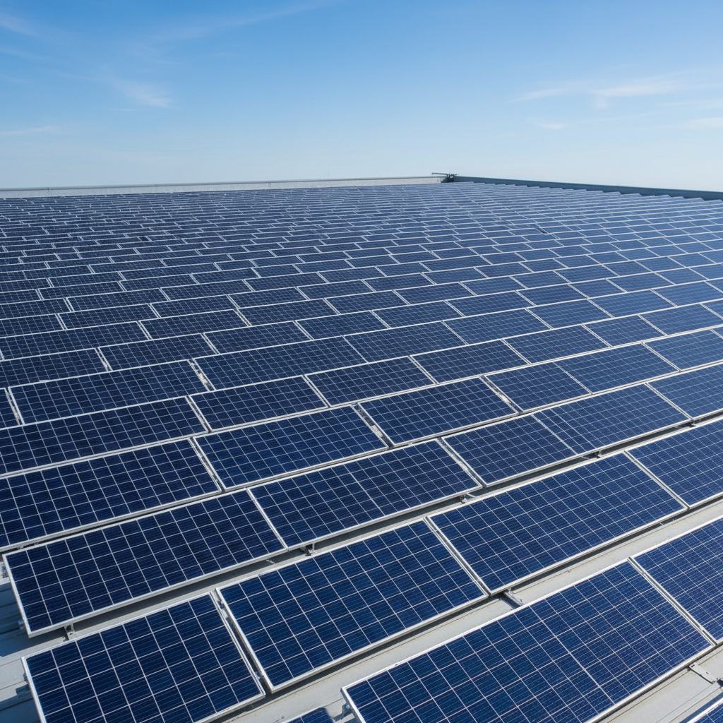 A modern industrial building rooftop fully covered with dark blue photovoltaic solar panels, each panel perfectly aligned in precise rows on a clean metal mounting structure. In the background, a clear blue sky reflects gently on the glass surfaces of the panels. The scene is captured in bright but slightly diffused midday sunlight, creating crisp reflections and subtle shadows between the rows. Photographic realism, shot from a slightly elevated angle with sharp focus throughout, emphasizing the scale and technical precision. The atmosphere feels professional, efficient, and high-tech, ideal to represent a serious solar energy installation company.