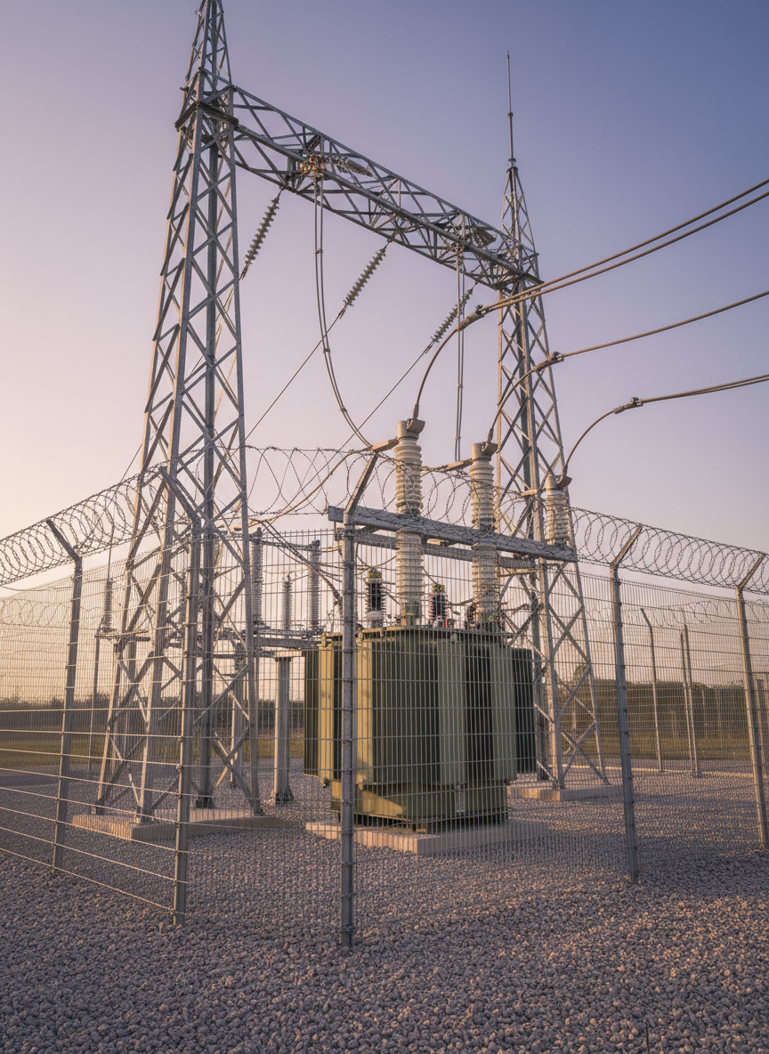 A high-voltage electrical substation corner featuring sturdy steel structures, porcelain insulators, and thick power cables connected to a compact transformer, all surrounded by a secure metal mesh fence. The ground is covered in carefully arranged gravel, clean and well-maintained. Late afternoon natural light casts long, soft shadows across the equipment, highlighting textures of metal, ceramic, and cable insulation. The sky is clear with a faint warm gradient near the horizon. Photographic realism, captured from a low-angle, wide shot to emphasize the robustness and complexity of the high-voltage infrastructure. The atmosphere is serious, secure, and highly professional, conveying expertise in high-voltage maintenance and safety.