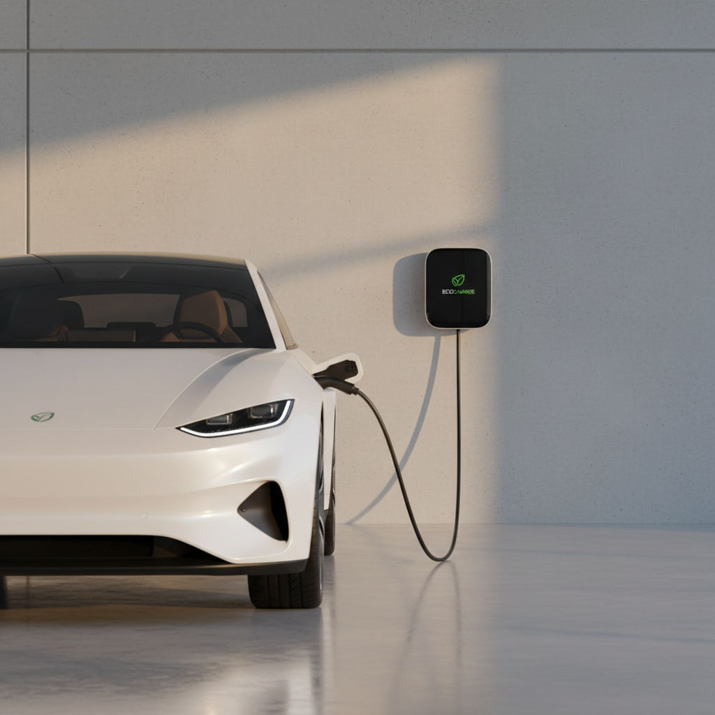 A pristine white electric vehicle parked beside a sleek black wallbox charging station mounted on a clean concrete wall, a thick, coiled charging cable neatly connected to the car’s port. The ground is a smooth, light gray industrial floor with subtle reflections. Soft late-afternoon sunlight enters from the side, creating a warm glow on the car’s glossy paint and gentle shadows around the charging unit. Photographic realism with a centered composition at eye level, the background slightly blurred to emphasize the charging system. The mood is modern, reliable, and eco-conscious, conveying advanced, professional charging solutions.
